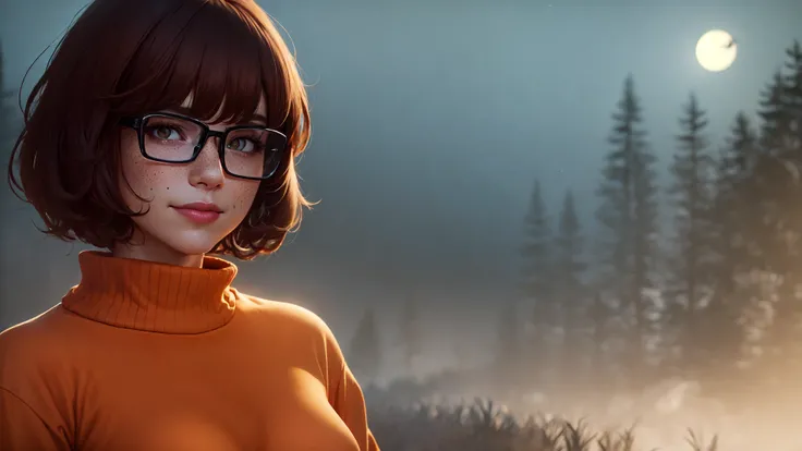 masterpiece, depth of field, photorealistic, absurdres, best quality, 8k, best quality, 1girl, female, mature, portrait, perfect lighting, cinematic lighting, looking at viewer, <lora:CHAR-Velma:0.9>, velma dace dinkley, solo, blush, breasts, brown eyes, (dark brown hair:1.2), freckles, glasses, medium breasts, lips, looking at viewer, nose, orange shirt, (orange sweater:1.2), short hair, smile, sweater, (turtleneck:1.2), turtleneck sweater, portrait, woods, forest, pine, (night:1.2), (creepy:1.2), dark, shadows, shadow, moon, smile, depth of field, abandonned, happy, magnificant glass, fog,