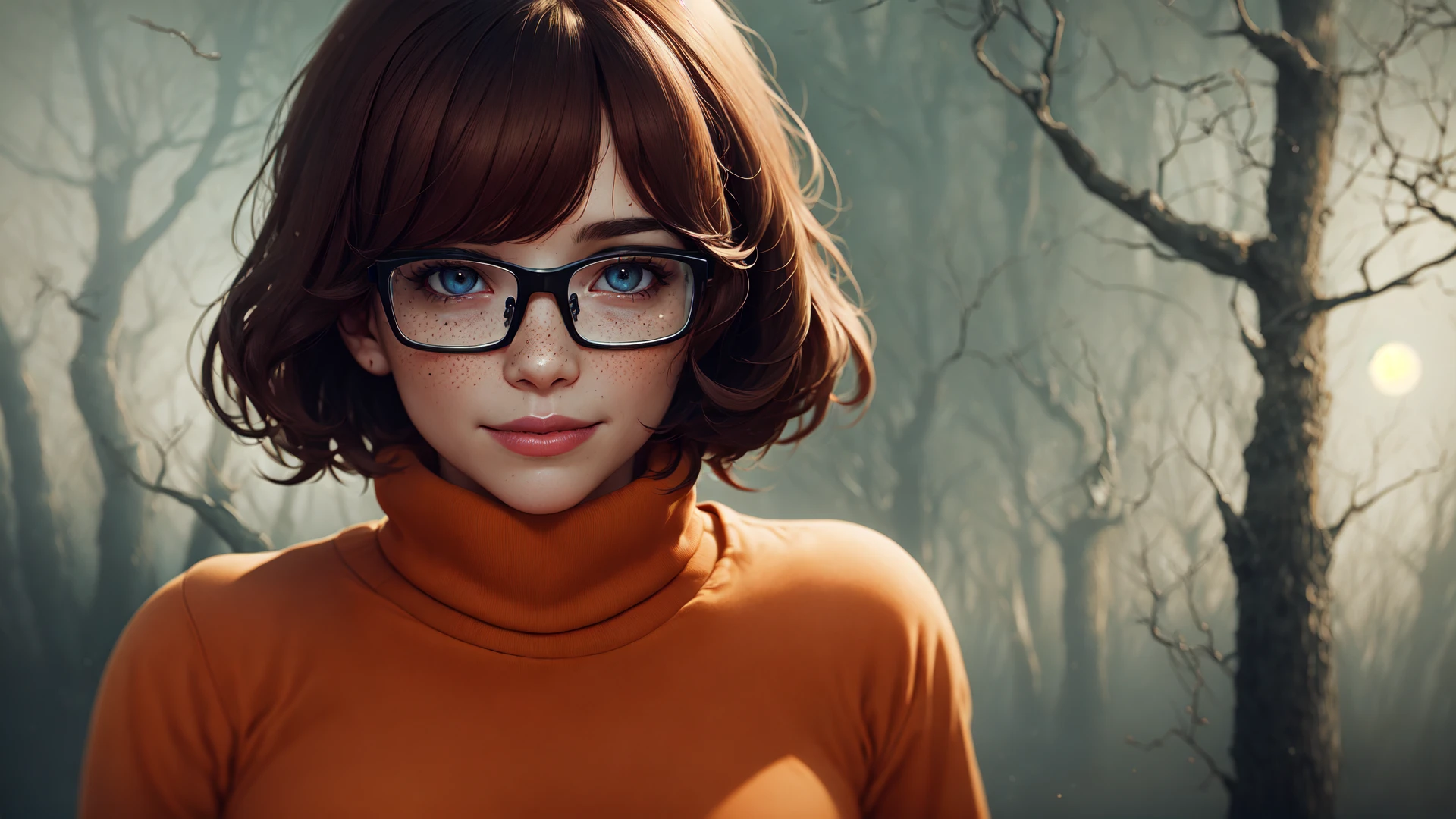 masterpiece, depth of field, photorealistic, absurdres, best quality, 8k, best quality, 1girl, female, mature, portrait, perfect lighting, cinematic lighting, looking at viewer, <lora:CHAR-Velma:0.9>, velma dace dinkley, solo, blush, breasts, brown eyes, (dark brown hair:1.2), freckles, glasses, medium breasts, lips, looking at viewer, nose, orange shirt, (orange sweater:1.2), short hair, smile, sweater, (turtleneck:1.2), turtleneck sweater, portrait, woods, forest, pine, (night:1.2), (creepy:1.2), dark, shadows, shadow, moon, smile, depth of field, abandonned, happy, magnificant glass, fog,