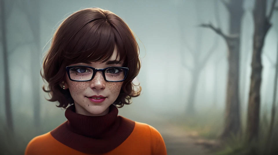 masterpiece, depth of field, photorealistic, absurdres, best quality, 8k, best quality, 1girl, female, mature, portrait, perfect lighting, cinematic lighting, looking at viewer, <lora:CHAR-Velma:0.9>, velma dace dinkley, solo, blush, breasts, brown eyes, (dark brown hair:1.2), freckles, glasses, medium breasts, lips, looking at viewer, nose, orange shirt, (orange sweater:1.2), short hair, smile, sweater, (turtleneck:1.2), turtleneck sweater, portrait, woods, forest, pine, (night:1.2), (creepy:1.2), dark, shadows, shadow, moon, smile, depth of field, abandonned, happy, magnificant glass, fog, <lora:POSE-BreastsOut:1>, breastsout,