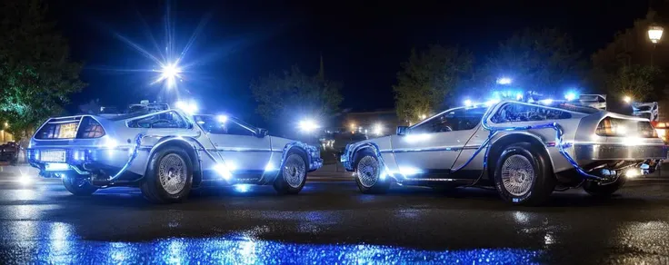 (low view:1.5) (medium shot:1.5) 4k high-res photo of a (((highly polished metallic chrome))) bttfdmc glowing blue, in a charming town square at night, sharp focus, ((shallow depth-of-field)), (bokeh), (lens flare), ((blue electric glow)), <lora:bttfdmc:0.8>  <lora:Anamorphic lens flare:0.5>