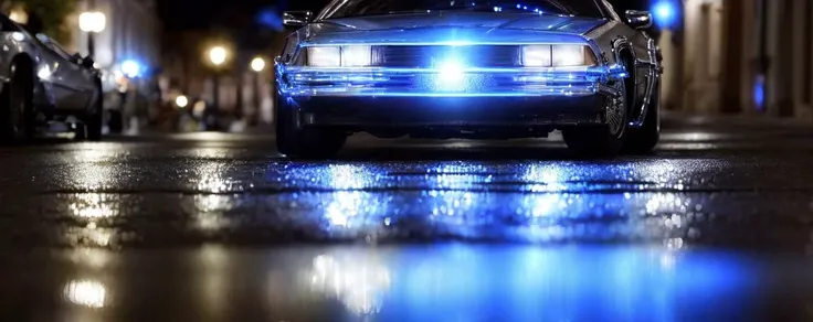 (low view:1.5) (medium shot:1.5) 4k high-res photo of a (((highly polished metallic chrome))) bttfdmc glowing blue, in a charming town square at night, sharp focus, ((shallow depth-of-field)), (bokeh), (lens flare), ((blue electric glow)), <lora:bttfdmc:0.8> <lora:Anamorphic lens flare:0.5>