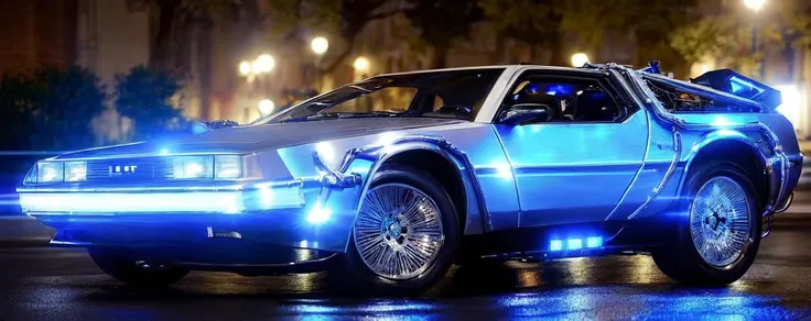(low view:1.5) (medium shot:1.5) 4k high-res photo of a (((highly polished metallic chrome))) bttfdmc glowing blue, in a charming town square at night, sharp focus, ((shallow depth-of-field)), (bokeh), (lens flare), ((blue electric glow)), <lora:bttfdmc:0.8> <lora:Anamorphic lens flare:0.5>