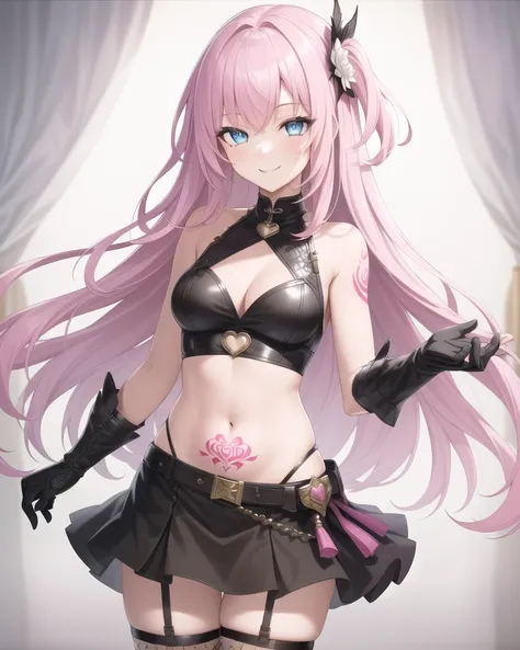 best quality,highly detailed,masterpiece,ultra-detailed,solo,(1girl),(Delicate eyes),(white background:1.3),long_hair, fishnets, thighhighs, fishnet_legwear, tattoo,pink hair,blue_eyes, navel, black_background, skirt, gloves, pink_hair, smile, (hair_ornament:1.1),upper body,