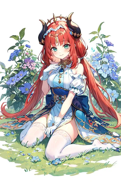 1girl, solo, long hair, nilou (genshin impact), thighhighs, horns, smile, dress, red hair, gloves, sitting, white gloves, flower, white thighhighs, blush, bow, frills, bangs, short sleeves, very long hair, looking at viewer, blue dress, twintails, puffy sleeves, full body, no shoes, blue bow, puffy short sleeves, frilled hairband, hairband, wariza,  green eyes, parted bangs, low twintails, blue flower, frilled dress, closed mouth, hand up, bare shoulders, petals, grass, jewelry,fake horns, aqua eyes, off shoulder, hair bow, breasts,
 <lora:nilou_1024_Lion_dim64_kohyaLoRA_fp32_3e-2noise_token2_20-3-2023:0.7>