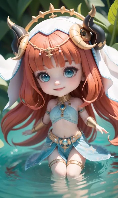 (masterpiece),(best quality),(ultra-detailed), (full body:1.2),1girl,chibi,nilou_genshin, solo,full body,long red hair, fake horns,aqua eyes,neck ring,veil,bangs,parted bangs,twintails,circlet,jewelry,smile,dancer,dancing,cross hands,lotus,blue gemstone,brooch,feet in the water, barefoot,(beautiful detailed face), (beautiful detailed eyes), <lora:blindbox_V1Mix:0.9>, <lora:nilouGenshinImpact_v10:0.7>