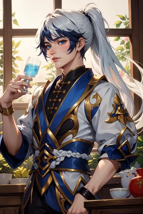 (Masterpiece:1.4), (best quality:1.2), <lora:Ezreal_LOL-000015:1>, porcelain protector ezreal, 1boy, chinese clothes, multicolored hair, white hair, blue hair, short ponytail