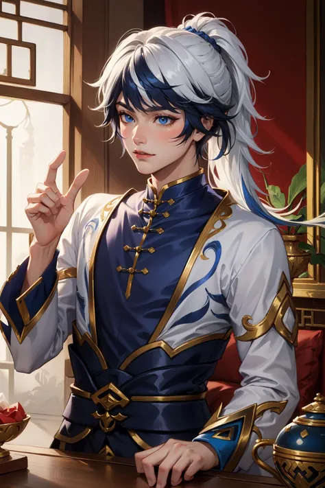 (Masterpiece:1.4), (best quality:1.2), <lora:Ezreal_LOL-000015:1>, porcelain protector ezreal, 1boy, chinese clothes, multicolored hair, white hair, blue hair, short ponytail
