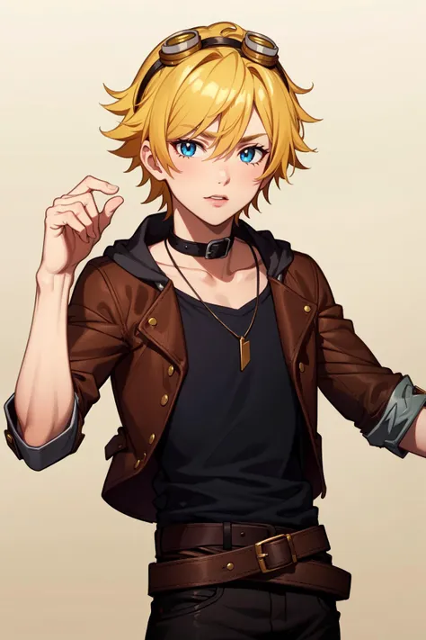 (Masterpiece:1.4), (best quality:1.2), <lora:Ezreal_LOL-000015:1>, ezreal, 1boy, brown jacket, goggles on head, belt