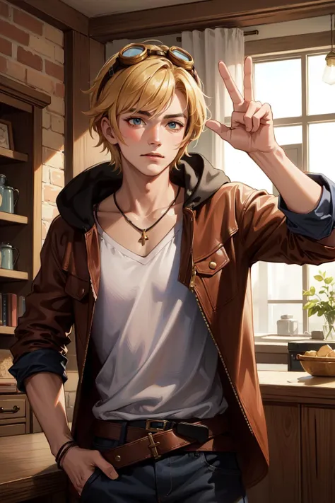 (Masterpiece:1.4), (best quality:1.2), <lora:Ezreal_LOL-000015:1>, ezreal, 1boy, brown jacket, goggles on head, belt
