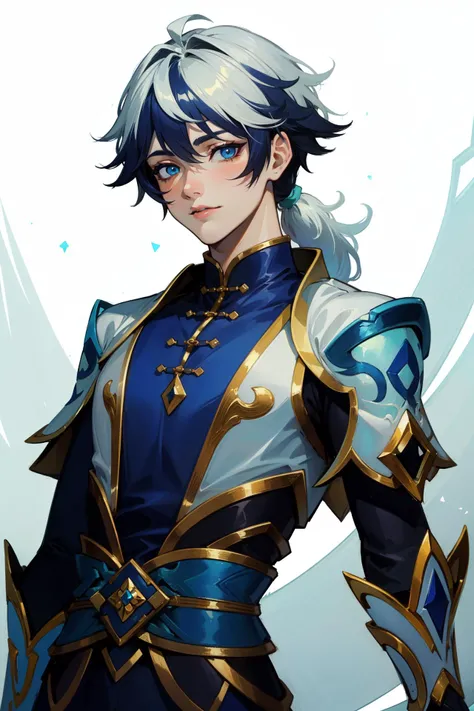 (Masterpiece:1.4), (best quality:1.2), <lora:Ezreal_LOL-000015:1>, porcelain protector ezreal, 1boy, chinese clothes, multicolored hair, white hair, blue hair, short ponytail