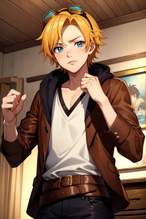 (Masterpiece:1.4), (best quality:1.2), <lora:Ezreal_LOL-000015:1>, ezreal, 1boy, brown jacket, goggles on head, belt