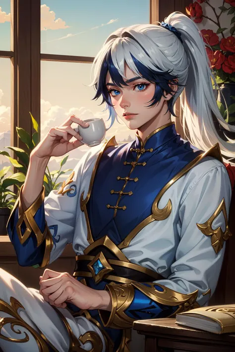 (Masterpiece:1.4), (best quality:1.2), <lora:Ezreal_LOL-000015:1>, porcelain protector ezreal, 1boy, chinese clothes, multicolored hair, white hair, blue hair, short ponytail