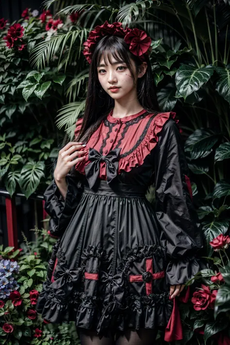 (realistic:1.3), finely detailed, quality, rembrandt lighting, (masterpiece:1.2), (photorealistic:1.2), (best quality), (detailed skin:1.3), (intricate details), dramatic, ray tracing, 1girl, japanese girl, 21 years old, detailed skin texture, (blush:0.5), (goosebumps:0.5), subsurface scattering, smiling, medium breasts, long hair, bangs, hair between eyes, headdress, cyb dress, frilled dress, frills, gothic, bow, long sleeves, pantyhose, cowboy shot, (night, night sky, garden, bushes, flowers),  <lora:gothic_attire_style1_v1:0.7>