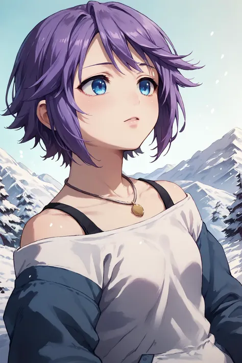 score_9, source_anime, score_8_up, score_7_up, simple background, 1girl, solo, <lora:Dragon_Ball_Background_Pony_XL:0.8> Snow, <lora:MizoreXL:1> purple hair, short hair, blue eyes, hoodie, lolipop, off shoulder, necklace, close up