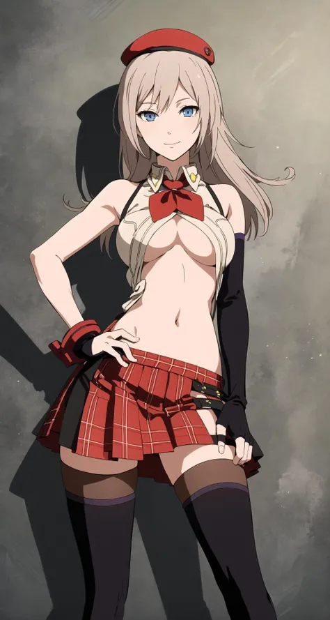 (masterpiece, best quality:1.2), solo, 1girl, ge2amiella, slight smile, looking at viewer, hand on hip, hat, plaid, underboob, elbow gloves, plaid skirt, thighhighs, navel
 <lora:godeater_amiella_v2:1>