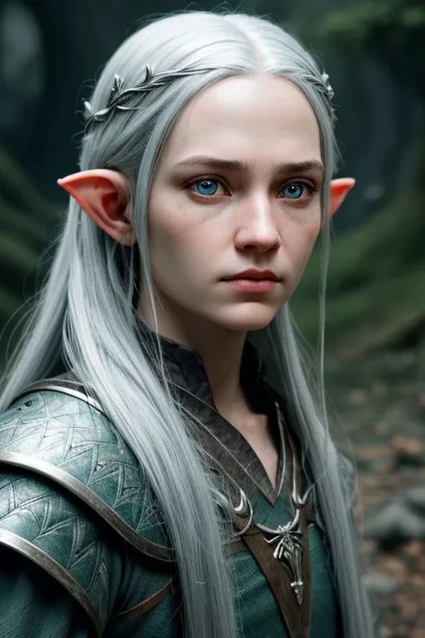 (detailed face, detailed eyes, clear skin, clear eyes), lotr, fantasy, elf, female, silver hair, looking at viewer, wide shot, photography, detailed skin, realistic, photo-realistic, 8k, highly detailed, full length frame, High detail RAW color art, piercing, diffused soft lighting, shallow depth of field, sharp focus, hyperrealism, cinematic lighting