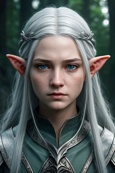 (detailed face, detailed eyes, clear skin, clear eyes), lotr, fantasy, elf, female, silver hair, looking at viewer, wide shot, photography, detailed skin, realistic, photo-realistic, 8k, highly detailed, full length frame, High detail RAW color art, piercing, diffused soft lighting, shallow depth of field, sharp focus, hyperrealism, cinematic lighting