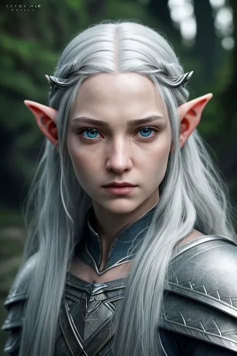 (detailed face, detailed eyes, clear skin, clear eyes), lotr, fantasy, elf, female, silver hair, looking at viewer, portrait, photography, detailed skin, realistic, photo-realistic, 8k, highly detailed, full length frame, High detail RAW color art, piercing, diffused soft lighting, shallow depth of field, sharp focus, hyperrealism, cinematic lighting