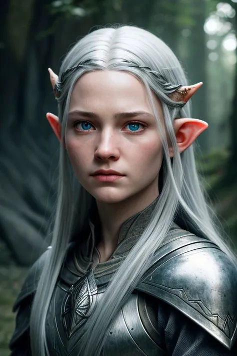 (detailed face, detailed eyes, clear skin, clear eyes), lotr, fantasy, elf, female, silver hair, looking at viewer, wide shot, photography, detailed skin, realistic, photo-realistic, 8k, highly detailed, full length frame, High detail RAW color art, piercing, diffused soft lighting, shallow depth of field, sharp focus, hyperrealism, cinematic lighting