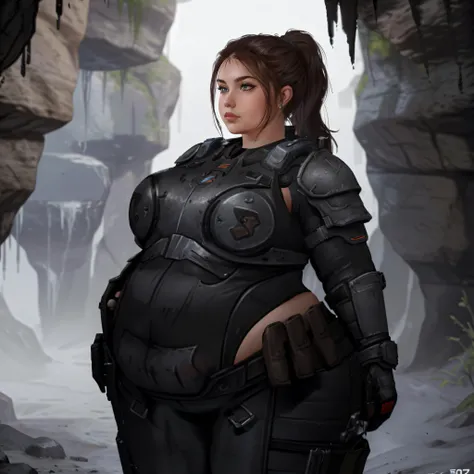 photorealistic, cinematic, <lyco:symodel-3-0-a3-lyco-extract:0.8>, thick thighs, wide hips, clothed midsection, <lora:ethica:0.4>, fat ethica, chubby face, ponytail, <lora:cogarmor2023:0.8>, cogarmor2023, cave