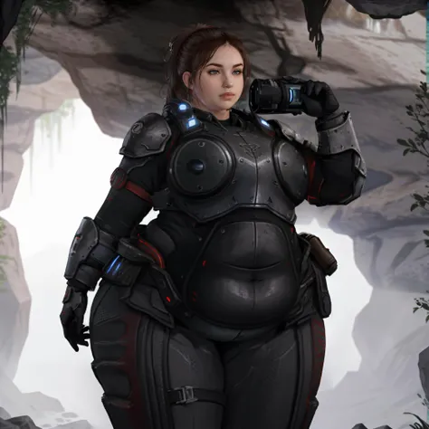 photorealistic, cinematic, <lyco:symodel-3-0-a3-lyco-extract:0.8>, thick thighs, wide hips, clothed midsection, <lora:ethica:0.4>, fat ethica, chubby face, ponytail, <lora:cogarmor2023:0.8>, cogarmor2023, cave