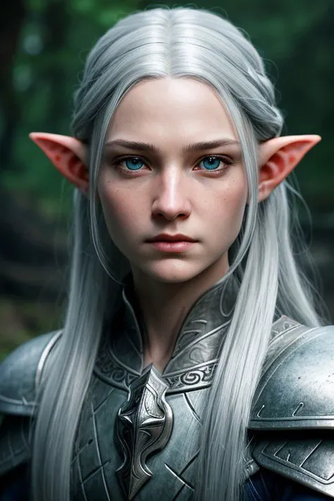 (detailed face, detailed eyes, clear skin, clear eyes), lotr, fantasy, elf, female, silver hair, looking at viewer, wide shot, photography, detailed skin, realistic, photo-realistic, 8k, highly detailed, full length frame, High detail RAW color art, piercing, diffused soft lighting, shallow depth of field, sharp focus, hyperrealism, cinematic lighting