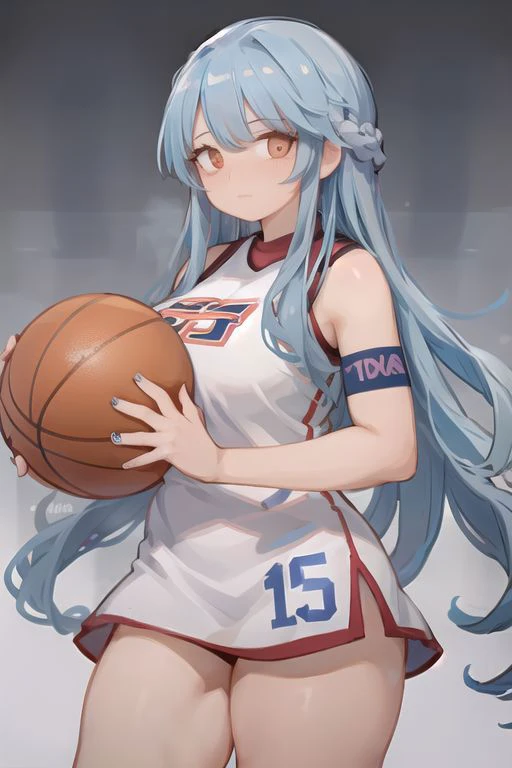 (multiple girls), multicolored hair,basketballgirls,basketball,gym uniform, <lora:BasketballGirls:1>,large breasts, thick thighs,areola slip,