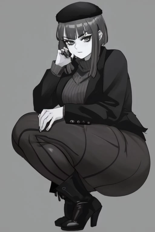 core!frisk, ((monochrome girl)), void eyes, ((gray beret)), ((black jacket)), ((black and gray striped shirt)), black leggings, black boots, ((chubby)), ((large breasts)), ((large ass)), ((large thighs)), female, ((solo)), ((1person)), ((facing the viewer))
