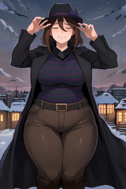 frisk undertale, ((brown hair)), short hair, ((closed eyes)), ((black fedora)), ((black coat)), ((blue and purple striped shirt)), ((brown pants)), black boots, flirty smile, confident, insane, determined, ((chubby)), ((medium breasts)), ((large hips)), ((medium ass)), ((medium thighs)), female, snowy village environment, night time, ((solo)), ((1person)), ((facing the viewer))
