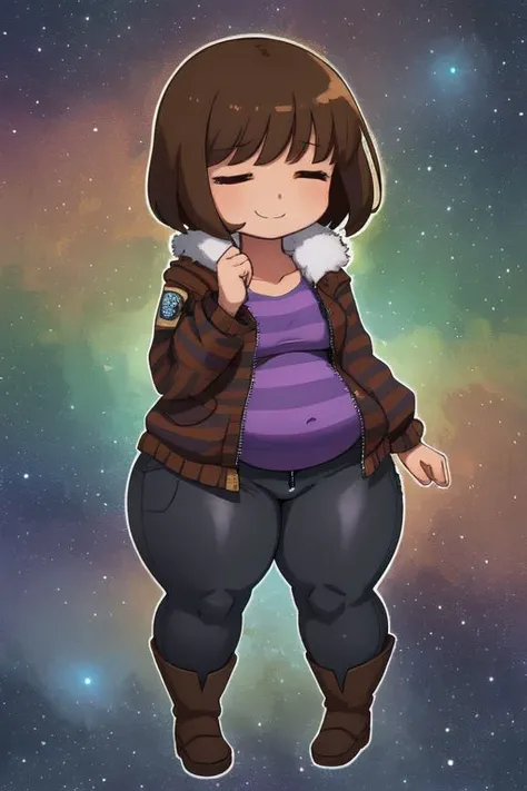 frisk undertale, ((tanned skin)), ((brown hair)), short hair, ((closed eyes)), ((fur lined unzipped galaxy pattern jacket)), ((blue and purple striped shirt)), ((brown pants)), brown boots, flirty smile, confident, kind, determined, ((chibi)), ((chubby)), ((medium breasts)), ((small belly)), ((wide hips)), ((large hips)), ((large ass)), ((large thighs)), female, galaxy environment, night time, ((solo)), ((1person)), ((facing the viewer))