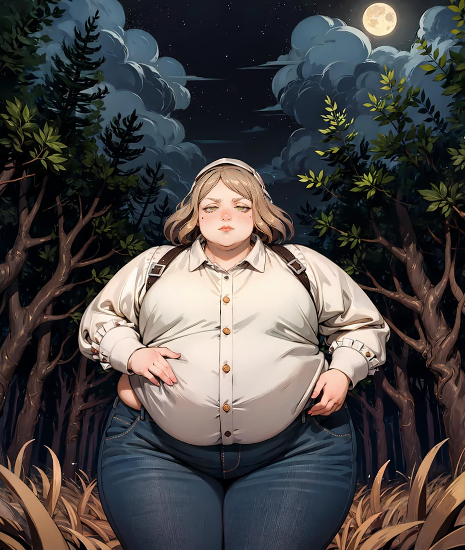 <lora:symodel-3-0-a3-lyco-extract:1>
masterpiece, volumetric lighting, (art by DrWorm:0.6), (art by Sizemologist:0.5), (Tintoretto art style:1.2),
solo, 1girl,
(fat), clothed midsection, collared shirt, jeans, night, moon, forest, cowboy shot, wide hips