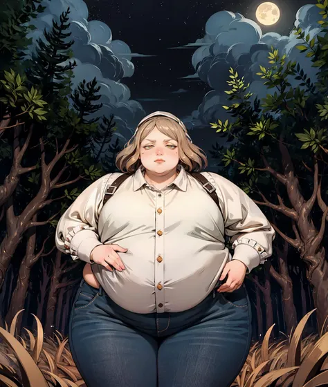 <lora:symodel-3-0-a3-lyco-extract:1>
masterpiece, volumetric lighting, (art by DrWorm:0.6), (art by Sizemologist:0.5), (Tintoretto art style:1.2),
solo, 1girl,
(fat), clothed midsection, collared shirt, jeans, night, moon, forest, cowboy shot, wide hips