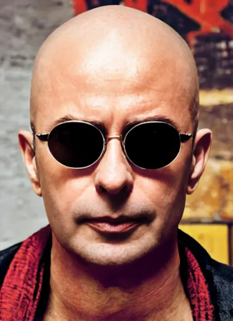 portrait of sks man ((ind1o)) like a without hair and tattoos with aviator glasses, by Flora Borsi, style by Flora Borsi, bold, bright colours, dark Mohawk haircut, ((Flora Borsi)) <lora:ind1o:1>