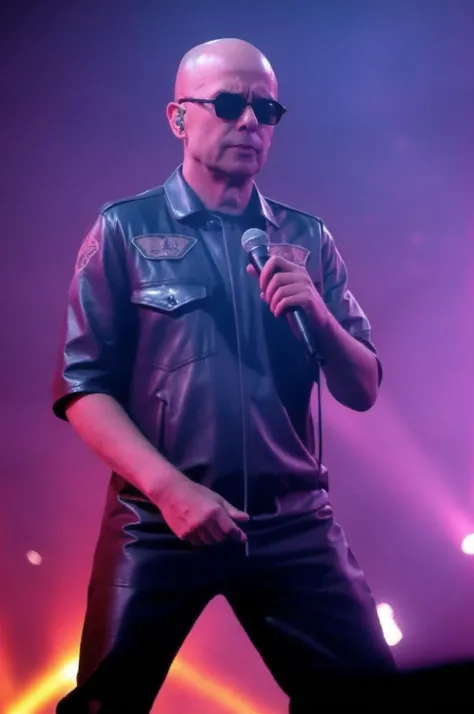 photo of sks man with a microphone in the hand, without hair, black leather suit, over the stage, neon lights in the background, 8k, high detailed<lora:ind1o:0.9>