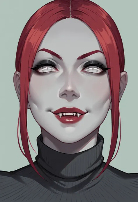 score_9, score_8_up, score_8, source_anime, 1girl,  <lora:VelvetVelour:0.95> solo, colored skin, gray skin, red hair, portrait, face focus, close up, white eyes, fangs, lipstick, black eyeshadow, turtleneck, smile, 
simple background, light blue background,