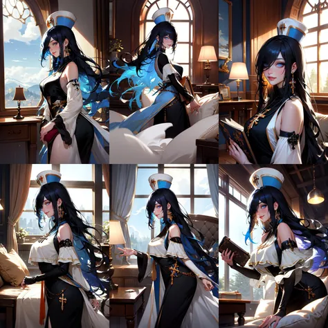 (otherworldly, otherworldly atmosphere, otherworldly appearance), highly insanely detailed, masterpiece, top quality, best quality, highres, 4k, 8k, RAW photo, (long_hair, long hair), collar, earrings, jewelry,
(random colors cloth, random colors hair, random long hair, dynamic hair, glowing hair),
long hair, eyelashes, eyeliner, makeup, hair over one eye,
(dynamic pose), (dynamic weather),
Northern Song Style, no humans, scenery, couch, tree, lamp, indoors, window, wooden floor, table, pillow, curtains, carpet, cushion, bed, book, rug, chair, day,
<lora:dnfcrusader-nvwls-v1:0.9>, dnfCrusader, hat, cross necklace, cross earrings, black dress, detached sleeves, large breasts, profile, sky, clouds, smile,
(smiling at viewer), (fantasy world)