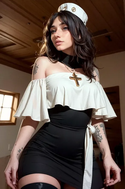 (masterpiece, best quality, high resolution:1.2), (seductive pose:1.2), (dynamic angle), detailed fantasy background,
casual photography, HDR, natural light, (anti-aliasing:1.2), elegant, soft scattered light, realistic proportions, limited palette, backlit, accent lighting, (neutral colors:1.3), cross process, cinematic lighting, coherent light, coherent shadows,
detailed face, detailed eyes, detailed skin, extremely detailed, intricate details, <lora:ZH_Mushyee_v1:0.9> zh_mushyee_cosplaygirl, solo, long hair, tattoo, realistic, freckles, lips, looking at viewer, purple eyes, multicolored hair, short hair, parted bangs, <lora:dnfcrusader-nvwls-v1:0.8> dnfCrusader, hat, cross necklace, cross earrings, black dress, detached sleeves, white thighhighs,