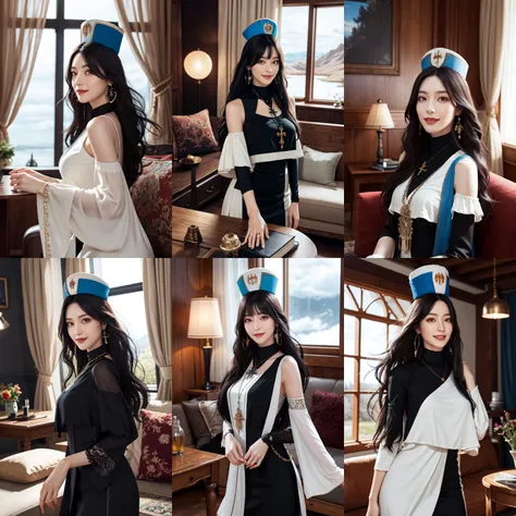 (otherworldly, otherworldly atmosphere, otherworldly appearance), highly insanely detailed, masterpiece, top quality, best quality, highres, 4k, 8k, RAW photo, (long_hair, long hair), collar, earrings, jewelry,
(random colors cloth, random colors hair, random long hair, dynamic hair, glowing hair),
long hair, eyelashes, eyeliner, makeup, hair over one eye,
(dynamic pose), (dynamic weather),
Northern Song Style, no humans, scenery, couch, tree, lamp, indoors, window, wooden floor, table, pillow, curtains, carpet, cushion, bed, book, rug, chair, day,
<lora:dnfcrusader-nvwls-v1:0.9>, dnfCrusader, hat, cross necklace, cross earrings, black dress, detached sleeves, large breasts, profile, sky, clouds, smile,
(smiling at viewer), (fantasy world)