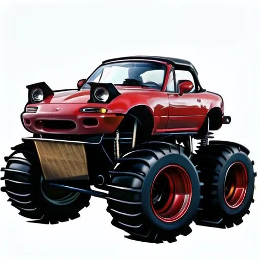 masterpiece, best quality, perfect anatomy, <lora:easy_sticker:1>, sticker, color, die-cut sticker, solo, no humans, motor vehicle, vehicle focus, <lora:MX5NA-v1.0:0.8>, red MX5NA, <lora:monster_truck-000006:1>, convertible, atv, monster truck, all wheel drive, pop up headlights on, centered, solid outline, simple background