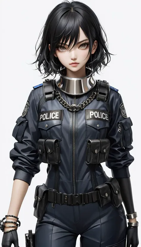 ****ung cool girl, solo,look at the camera,wear police suit,extremely detailed CG unity 8k wallpaper,illustration,lens 135mm,masterpiece,(bracelet:1.3),(metal collar:1.3),white background,masterpiece,bestquality,masterpiece,best eyes,Standing, black quality,black_hair, masterpiece,best quality,dark persona,masterpiece,best quality,