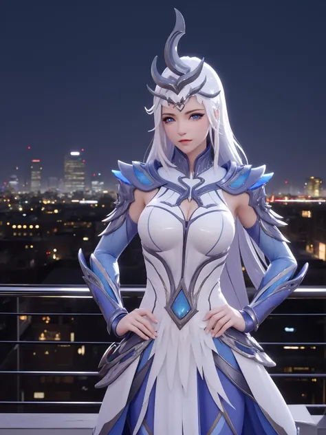 WZRYhuamulanJXSHqj, 1girl, solo, blue eyes,white hair, armor,breasts, long hair,dress,hair ornament,cityscape, mature female, night, hand on hip, cowboy shot, <lora:WZRYhuamulanJXSHqjiii:0.6>