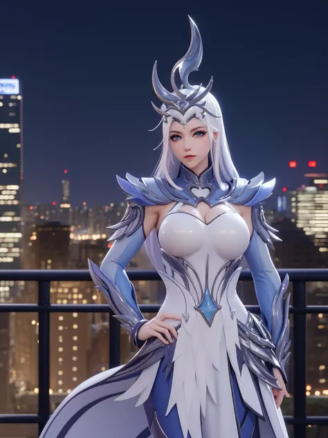 A woman in a white dress and blue hair standing on a balcony - SeaArt AI