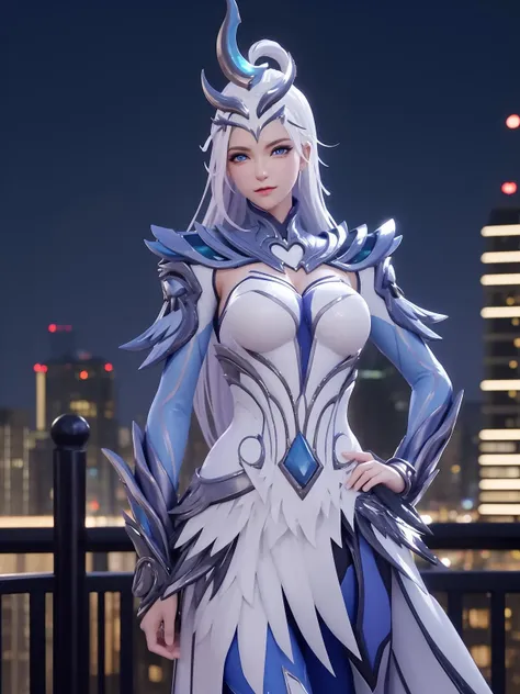 WZRYhuamulanJXSHqj, 1girl, solo, blue eyes,white hair, armor,breasts, long hair,dress,hair ornament,cityscape, mature female, night, hand on hip, cowboy shot, <lora:WZRYhuamulanJXSHqjiii:0.65>