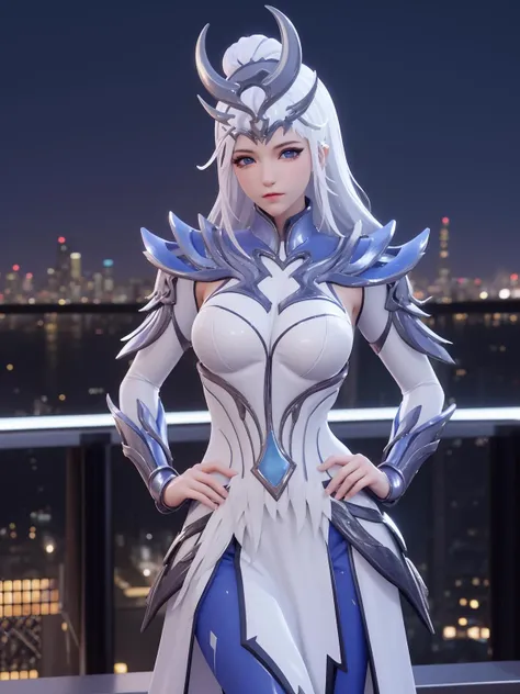 WZRYhuamulanJXSHqj, 1girl, solo, blue eyes,white hair, armor,breasts, long hair,dress,hair ornament,cityscape, mature female, night, hand on hip, cowboy shot, <lora:WZRYhuamulanJXSHqjiii:0.6>