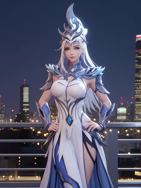 WZRYhuamulanJXSHqj, 1girl, solo, blue eyes,white hair, armor,breasts, long hair,dress,hair ornament,cityscape, mature female, night, hand on hip, cowboy shot, <lora:WZRYhuamulanJXSHqjiii:0.6>