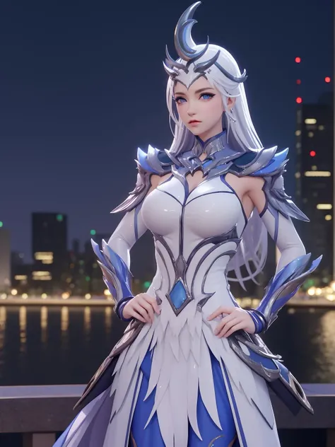 WZRYhuamulanJXSHqj, 1girl, solo, blue eyes,white hair, armor,breasts, long hair,dress,hair ornament,cityscape, mature female, night, hand on hip, cowboy shot, <lora:WZRYhuamulanJXSHqjiii:0.6>