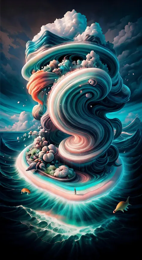 (Craft a mesmerizing double exposure photoillustration),(that masterfully merges the worlds of humans and nature within the ocean),(In this artwork, draw inspiration from the distinctive styles of both Dan Mountford and Dan Hillier),(ensuring the final piece showcases the imaginative essence of each artist),(Utilize pastel and monochrome colors to bring out the dynamic energy of the scene),(Envision a metropolis of sea creatures and intricate waves where animals hover amidst the waves),(The negative space in the composition should contribute to the overall balance, emphasizing the depth and layers of the artwork),(The primary focus of the composition should be the seamless fusion of the female form with glowing white hair and waves, symbolizing the harmonious coexistence of organic life and nature),
<lora:H.R.Giger_ArtStyle_640x960:0.2>,<lora:Rainbow_Island:0.9>,<lora:dreamcolor:1>,<lora:more_details:1>,<lora:add_sharpness:0.3>,