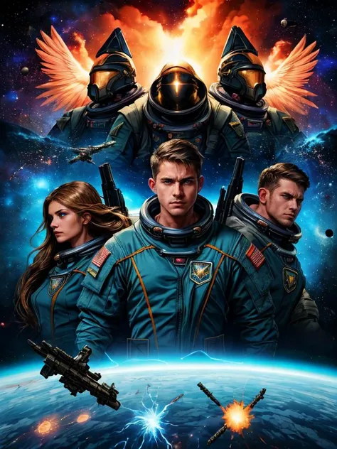 Epic composition, combat, action, Futuristic battlefield, extremely dangerous angelic man, ((powerful male mages)), magical energy, explosions, debris, soldiers, space station, ((detailed faces, visible faces,))