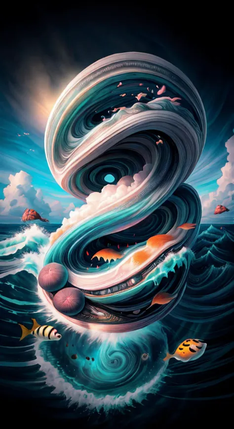 (Craft a mesmerizing double exposure photoillustration),(that masterfully merges the worlds of humans and nature within the ocean),(In this artwork, draw inspiration from the distinctive styles of both Dan Mountford and Dan Hillier),(ensuring the final piece showcases the imaginative essence of each artist),(Utilize pastel and monochrome colors to bring out the dynamic energy of the scene),(Envision a metropolis of sea creatures and intricate waves where animals hover amidst the waves),(The negative space in the composition should contribute to the overall balance, emphasizing the depth and layers of the artwork),(The primary focus of the composition should be the seamless fusion of the female form with glowing white hair and waves, symbolizing the harmonious coexistence of organic life and nature),
<lora:H.R.Giger_ArtStyle_640x960:0.2>,<lora:Rainbow_Island:0.9>,<lora:dreamcolor:1>,<lora:more_details:1>,<lora:add_sharpness:0.3>,