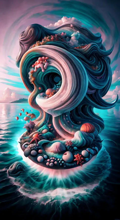 (Craft a mesmerizing double exposure photoillustration),(that masterfully merges the worlds of humans and nature within the ocean),(In this artwork, draw inspiration from the distinctive styles of both Dan Mountford and Dan Hillier),(ensuring the final piece showcases the imaginative essence of each artist),(Utilize pastel and monochrome colors to bring out the dynamic energy of the scene),(Envision a metropolis of sea creatures and intricate waves where animals hover amidst the waves),(The negative space in the composition should contribute to the overall balance, emphasizing the depth and layers of the artwork),(The primary focus of the composition should be the seamless fusion of the female form with glowing white hair and waves, symbolizing the harmonious coexistence of organic life and nature),
<lora:H.R.Giger_ArtStyle_640x960:0.2>,<lora:Rainbow_Island:0.9>,<lora:dreamcolor:1>,<lora:more_details:1>,<lora:add_sharpness:0.3>,